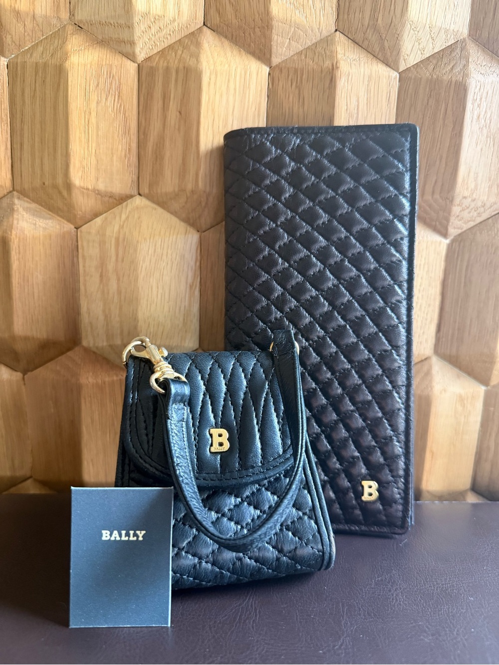 Bally Black Quilted Leather Mini Pouch and Long Wallet BUNDLE